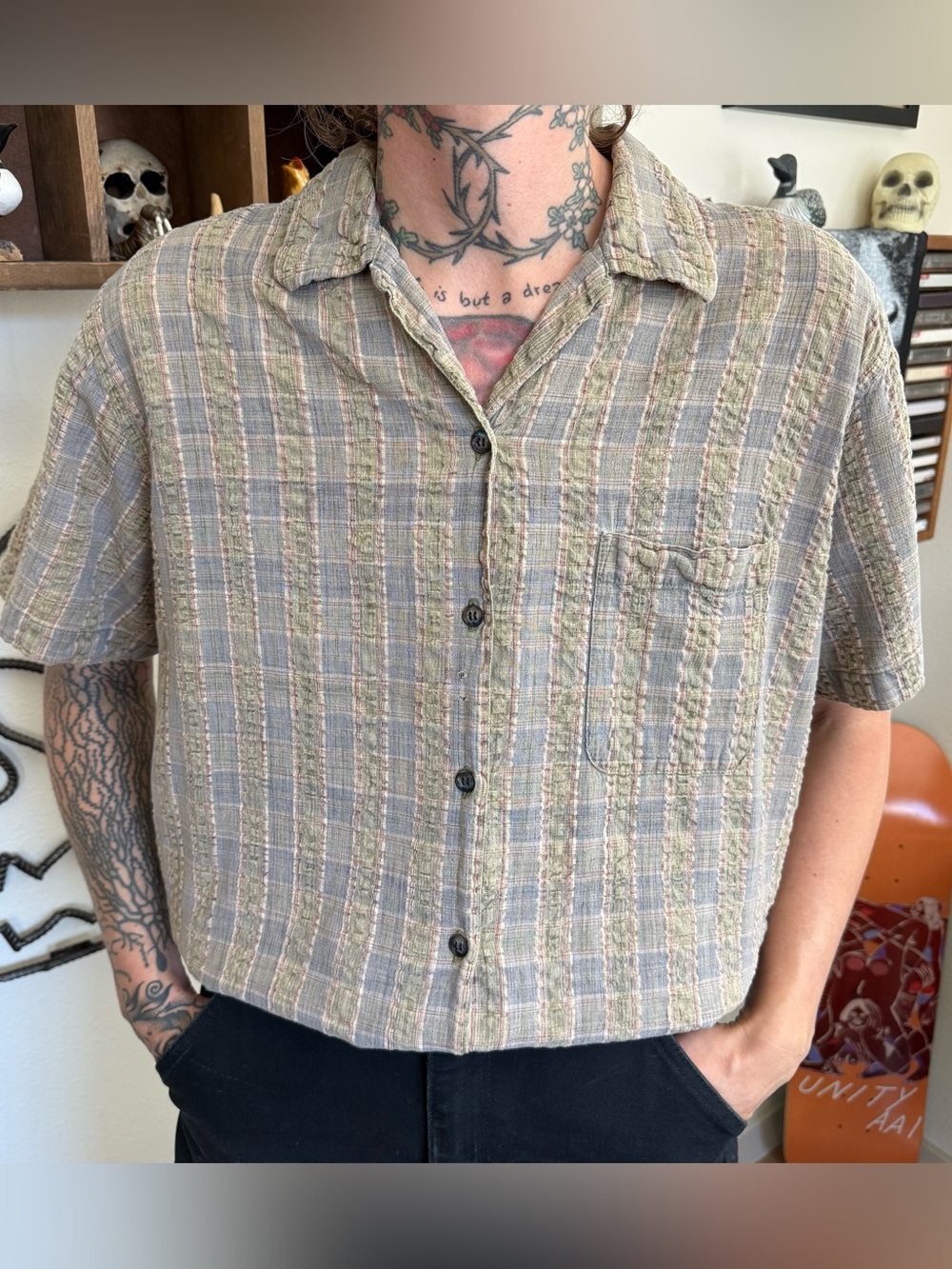 Vintage 90s Earthy Plaid Textured Cotton SS Button Down Shirt - Size Large